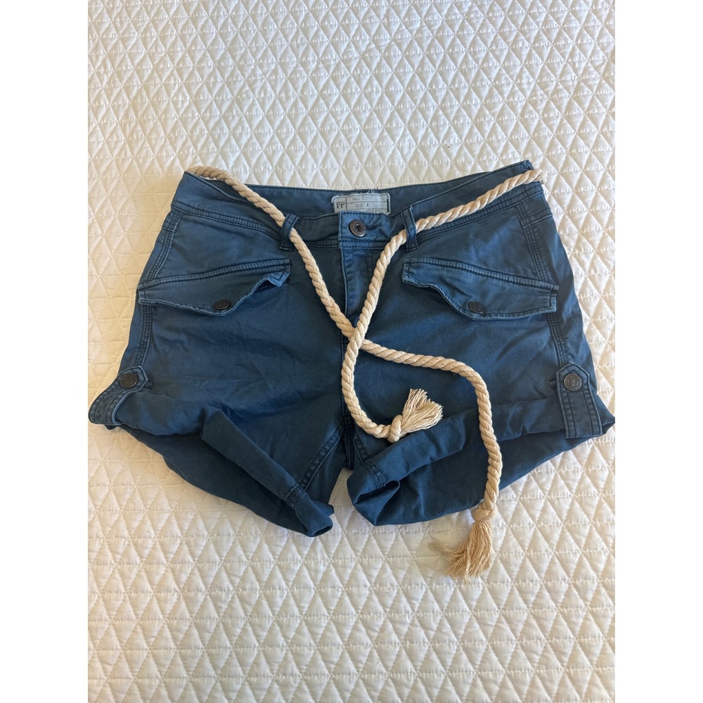 Free People Teal Blue Cargo Shorts with Rope Belt Size 4 Cuffed Utility Boho